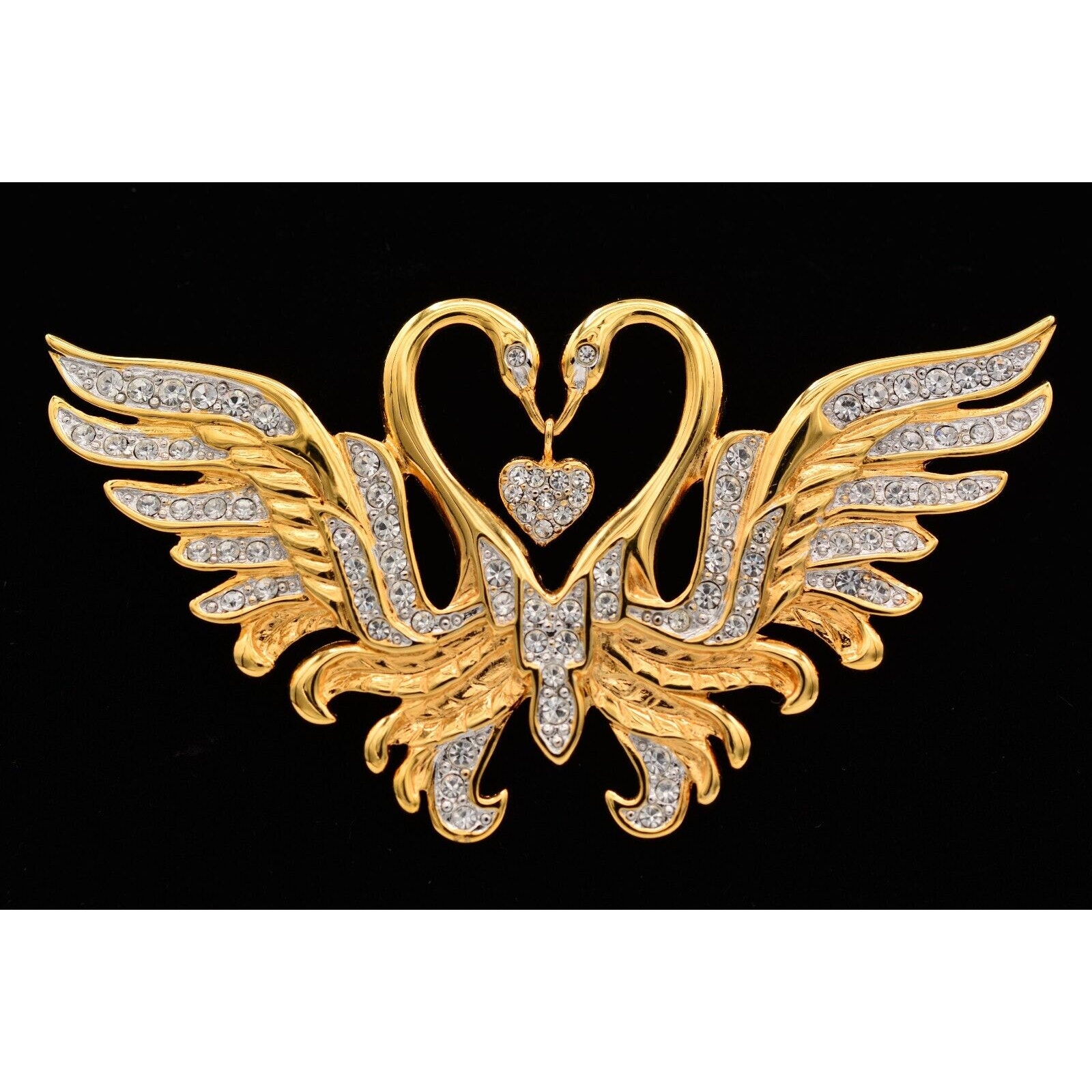 Nolan Miller Vintage Swan Heart Pin Brooch Rhinestone Crystal Gold Signed Signed 70$